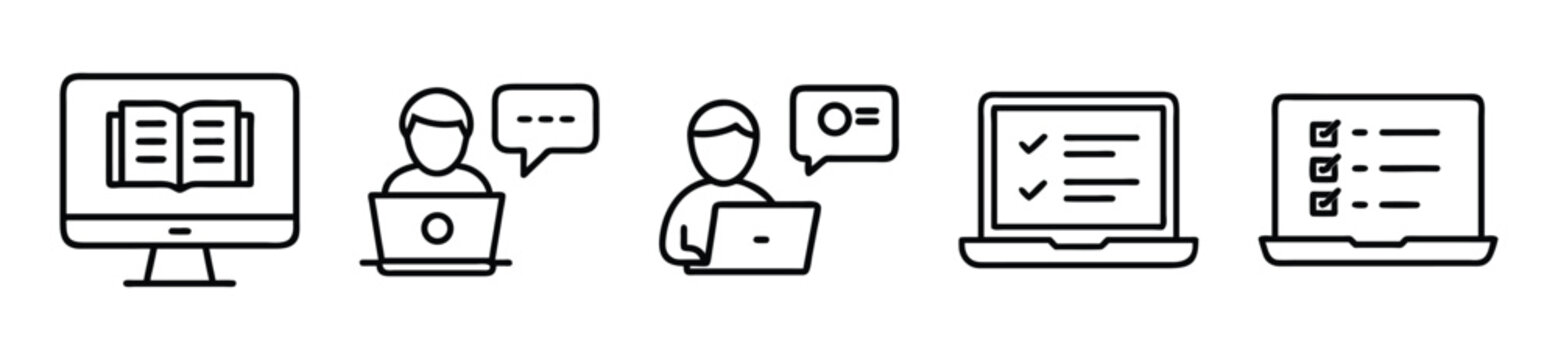 Set of online education and elearning icons, digital learning, remote study, virtual classroom, vector illustration