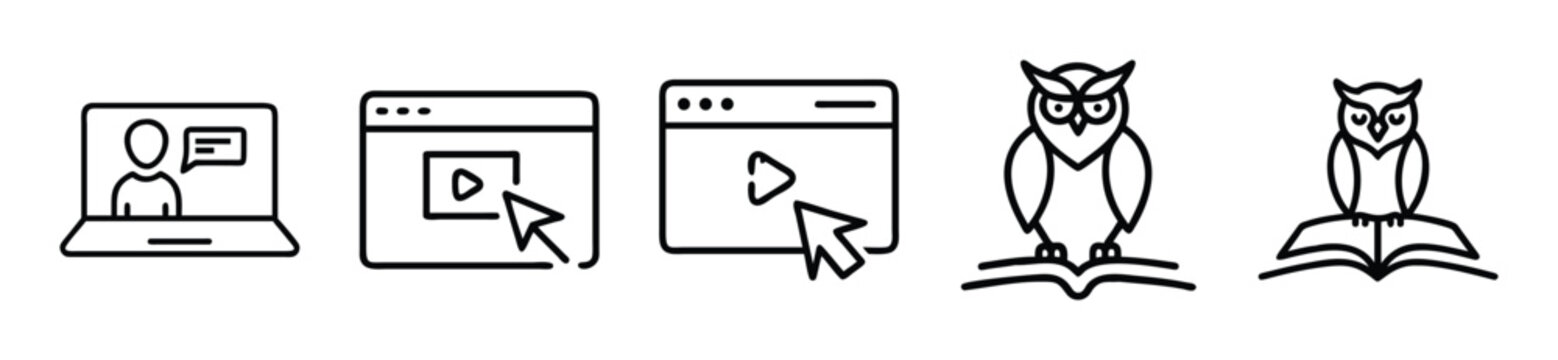 Set of education and elearning icons including online video courses, webinars, and wise owl with book
