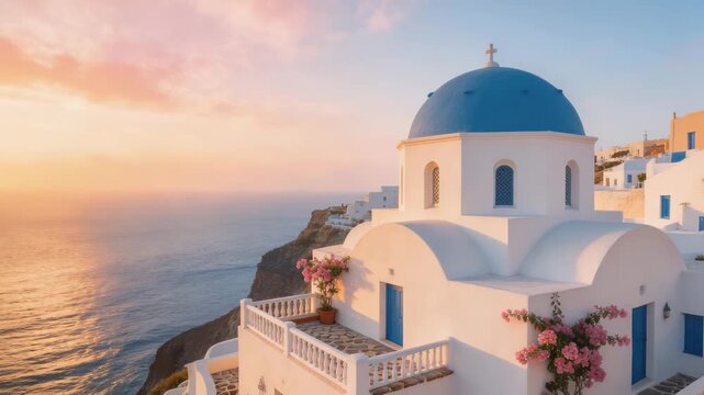 aerial view of a house in santorini at sunrise orbit video