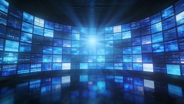 A large curved wall of multiple glowing blue digital screens displaying abstract data patterns under a bright central light source in a dark modern studio