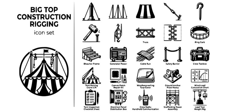 Big Top Construction Rigging Bold Line Icons-Center Pole Side Pole Tent Canvas Guy Rope Ground Stake Tent Peg Block Tackle Truss Beam Bleacher Frame Generator-25 Construction Rigging Icon Set Vector