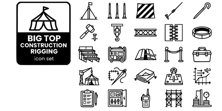 Big Top Construction Rigging Bold Line Icons-Center Pole Side Pole Tent Canvas Guy Rope Ground Stake Tent Peg Block Tackle Truss Beam Bleacher Frame Generator-25 Construction Rigging Icon Set Vector