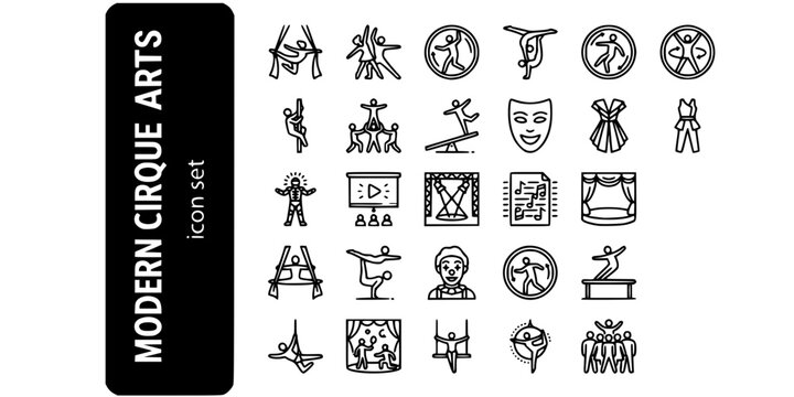 Modern Cirque Arts Contemporary Circus Bold Line Icons-Aerial Silk Contemporary Dance Cyr Wheel Hand-to-Hand German Wheel Chinese Pole Banquine Teeterboard LED Costume-25 Modern Cirque Icon Set Vector