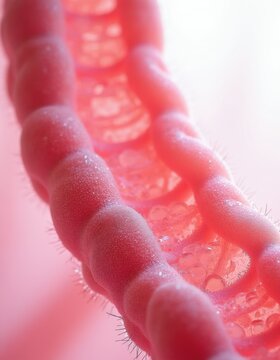 Macro view of intestinal villi surface. Tiny projections increase absorption area. Epithelial cells form lining of small intestine for nutrient uptake and digestion.