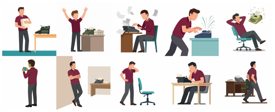 Flat vector character set of a male writer in different poses and emotions using a typewriter, depicting the creative writing process and workflow