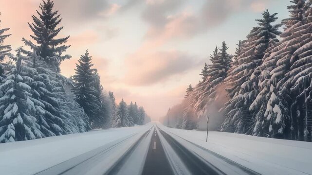 A snowcovered road, lined by tall evergreens, is bathed in warm sunset hues, creating an idyllic winter scene perfect for travel and nature photography, embodying tranquility and beauty