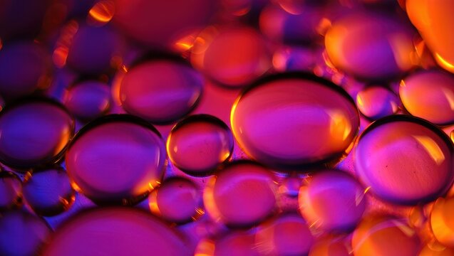Macro view of colorful liquid orbs with vibrant lighting.