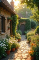 Naklejka premium Stone pathway winds through rich garden with blooming daisies and marigolds. Ivy climbs stone cottage wall, leading to arched wooden door. Golden sun shines through green leaves.