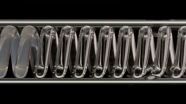 Magnified view of white translucent liquid flowing through a horizontally mounted coil laboratory condenser on glossy black surface | Rice water cosmetic base ingredient concept