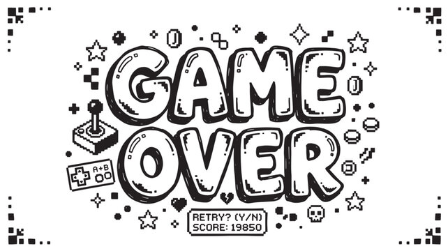 Game Over Screen With Pixel Art Controller For Video Game Concepts