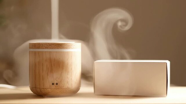 Close-Up Shot of a Generic Essential Oil Diffuser Emitting Aromatic Mist Next to a Plain White Box for Wellness and Relaxation Concepts
