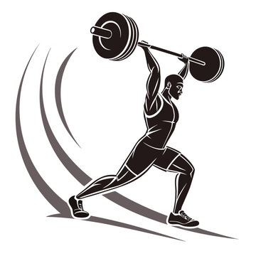 Black and white silhouette of a muscular weightlifter performing a heavy barbell snatch with weightlifting, weightlifter