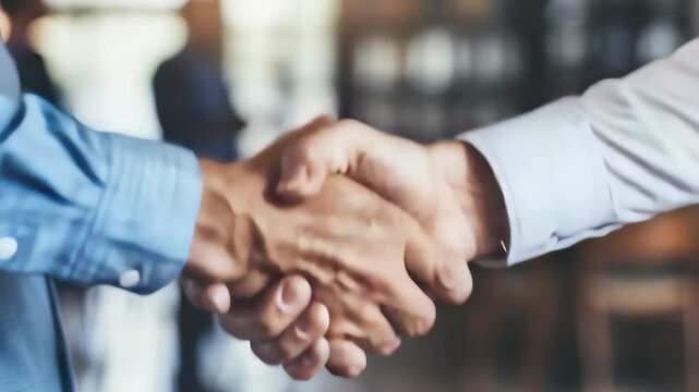 A warm handshake between two individuals, wearing formal shirts, symbolizes an agreement or partnership. The background is blurred, suggesting a professional setting. Focus is on unity and success.