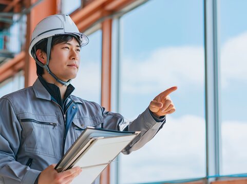 建設現場で未来を指差し確認する日本人男性