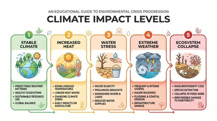 Naklejka premium The infographic illustrates climate impact levels on ecosystem through various stages.