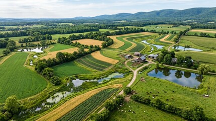 Fototapeta premium Aerial view shows a regenerative farmland with fields, ponds, and trees surrounded by mountains.