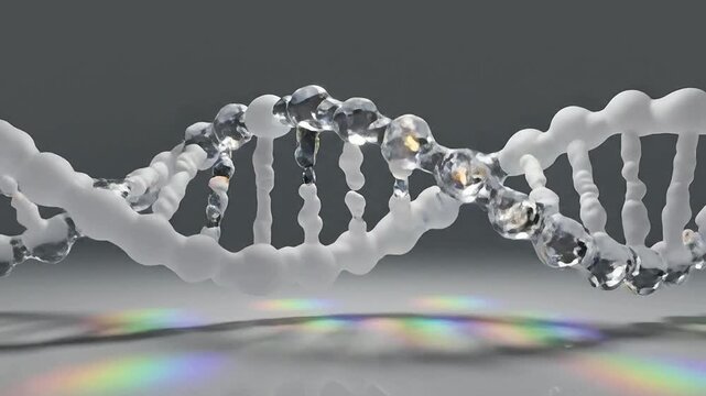 Complex DNA Sequence Crafted From Frosted Glass and Crystal With Light Refraction Displaying Rainbow Effects in a Laboratory Setting