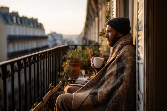  A man sipping tea on his balcony wrapped in a blanket during a cold morning.
