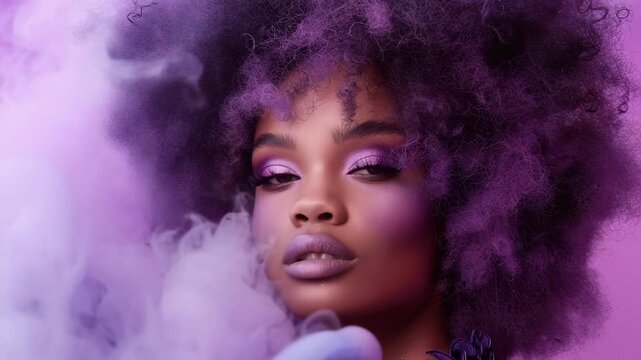 Close-up of a captivating model with afro hair and makeup, immersed in an aura of smoke. The image focuses on capturing beauty and a dreamy atmosphere in different tones of violet.