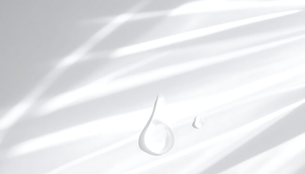 Clear water drop with soft natural leaf shadow overlay on surface, atmospheric morning light, serenity, purity, skincare backdrop