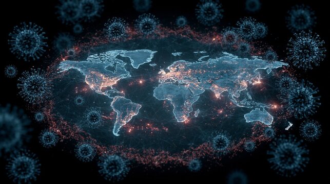 A glowing world map surrounded by microscopic virus particles and subtle red outbreak markers, clean dark background, urgent public-health mood, cool clinical lighting, balanced centered composition.