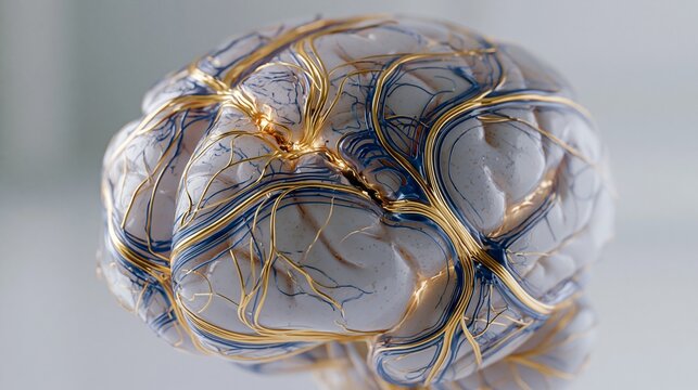 A developing cerebellum in a translucent pediatric brain render, myelin pathways highlighted in gold and blue with a few broken connections, clean lab backdrop, concerned mood, soft clinical lighting