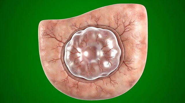 Detailed 3D CGI Animation of Basal Cell Carcinoma Showcasing Tumor Structure and Surrounding Tissue on Green Medical Background