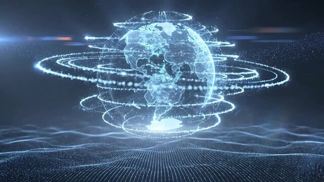 Holographic global network animation with digital earth visualization, worldwide data connectivity, cloud computing infrastructure and futuristic technology concept