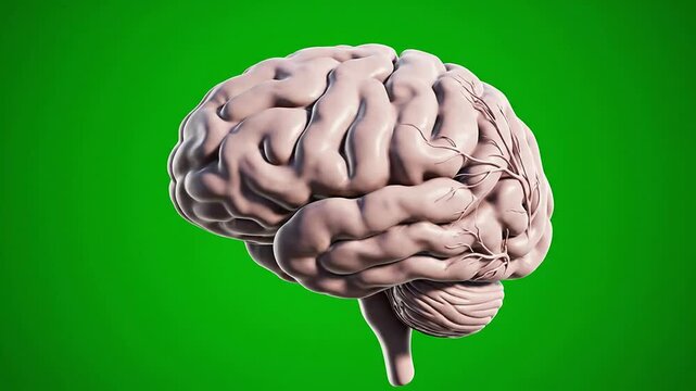 Detailed 3D CGI Animation of Human Brain Anatomy Focusing on Temporal Lobe Set Against Green Chroma Key Background for Medical and Educational Use