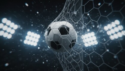 Fototapeta premium Close up view of a soccer ball hitting the white net with water drops flying in a stadium under bright floodlights at night