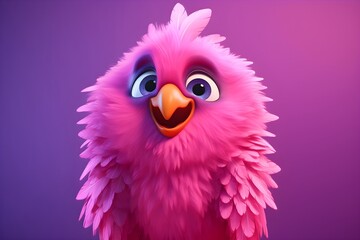 Naklejka premium Pink fluffy bird character with large expressive eyes isolated on gradient background. Cute fantasy creature portrait in 3D cartoon style. Mascot design for animation and game art.