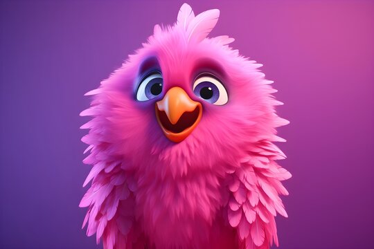 Pink fluffy bird character with large expressive eyes isolated on gradient background. Cute fantasy creature portrait in 3D cartoon style. Mascot design for animation and game art.