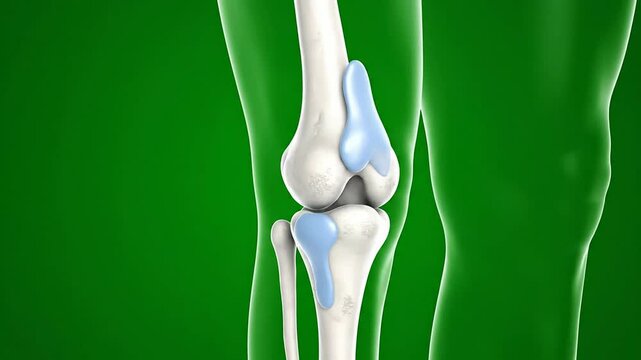Detailed 3D CGI Animation of Human Knee Joint Anatomy with Cartilage and Synovial Fluid on Vibrant Green Background