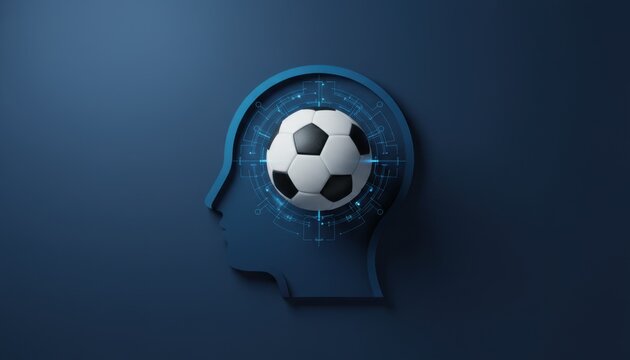 Conceptual digital illustration showing profile view of human head with soccer ball inside surrounded by abstract blue technology