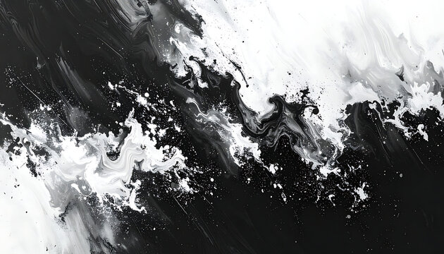 Black and white abstract liquid paint swirl, marble texture backdrop, monochromatic ink flow background, dramatic fluid motion