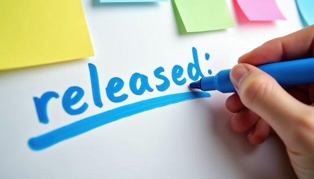 Hand writes word Released with blue marker on whiteboard. Colorful sticky notes are attached. Idea for product launch, project completion, or freedom.