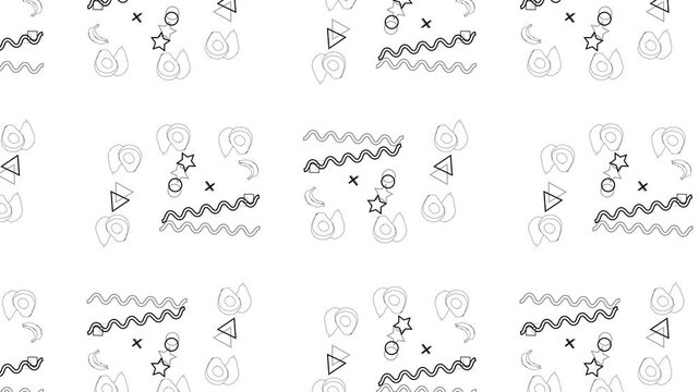Minimalist Memphis Style Pattern Featuring Repeating Geometric Shapes Stars Circles Triangles Wavy Lines And Abstract Dotted Forms On A Clean White Background Set As A Seamless Motion Graphic Loop For