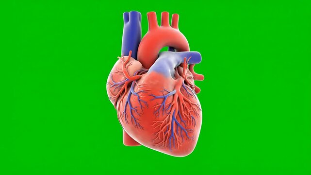 Detailed 3D CGI Model Of A Human Heart Anatomically Correct For Biomedical Engineering And Medical Education With Green Screen Background