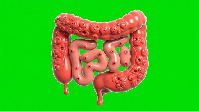 Detailed 3D CGI Model of the Human Intestine Illustrating Crohn's Disease Mechanisms on Green Screen for Medical and Educational Use