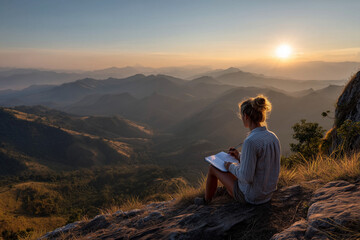 Fototapeta premium A solo traveler journaling on a mountaintop overlooking sunrise. 