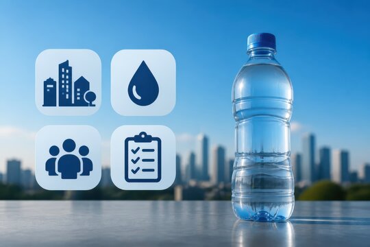 Water bottle with urban sustainability icons and city skyline