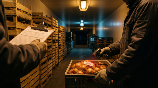 Night shift audit hands scanning coded onion crate labels in corridor