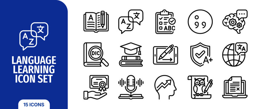 Language learning icon set, education and translation symbols, vector illustration