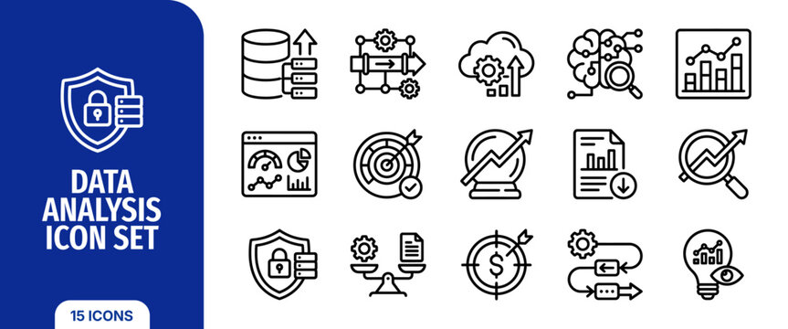 Data analysis icon set, business intelligence and analytics, big data processing, digital strategy, information management, vector line icons