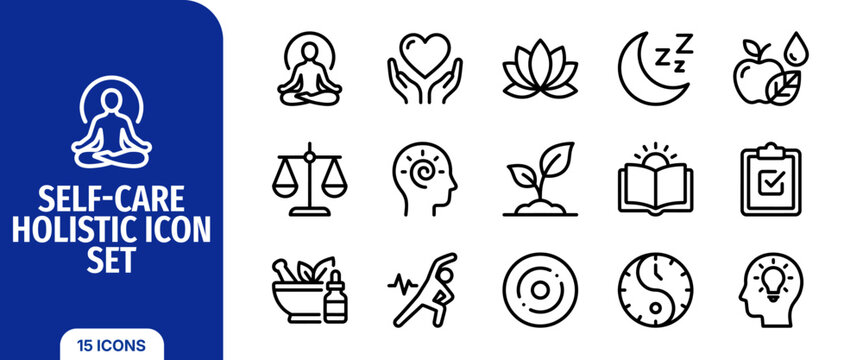 Selfcare holistic icon set, wellness and mental health line icons, healthy lifestyle, meditation, yoga, mindfulness, balanced life, nutrition, sleep, personal growth, vector illustration