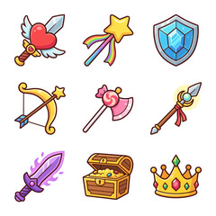 Fototapeta premium Cartoon fantasy weapons and jewels icons.