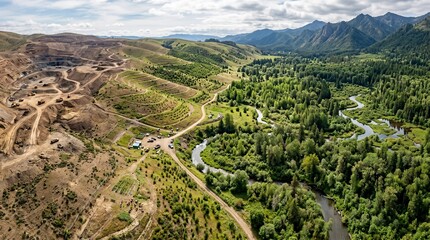 Obraz premium Aerial view shows forest boundary changing to barren land with road and river flowing through
