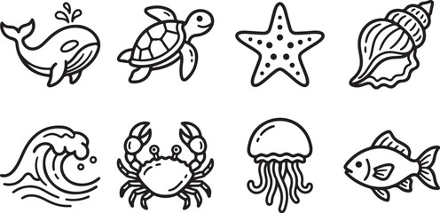 Obraz premium Simple black and white ocean sea creatures icons set