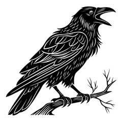 Fototapeta premium Stylized black raven graphic illustration perched on a dead branch with illustration wildlife silhouette creature