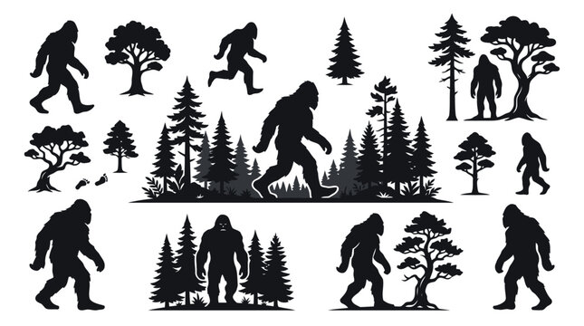 Bigfoot silhouette collection, sasquatch walking in forest, yeti vector icons isolated on transparent background editable vector file